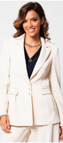 Woman wearing Agatha Pearl Detail Blazer in Ivory featuring tailored fit and pearl button accents with matching trousers