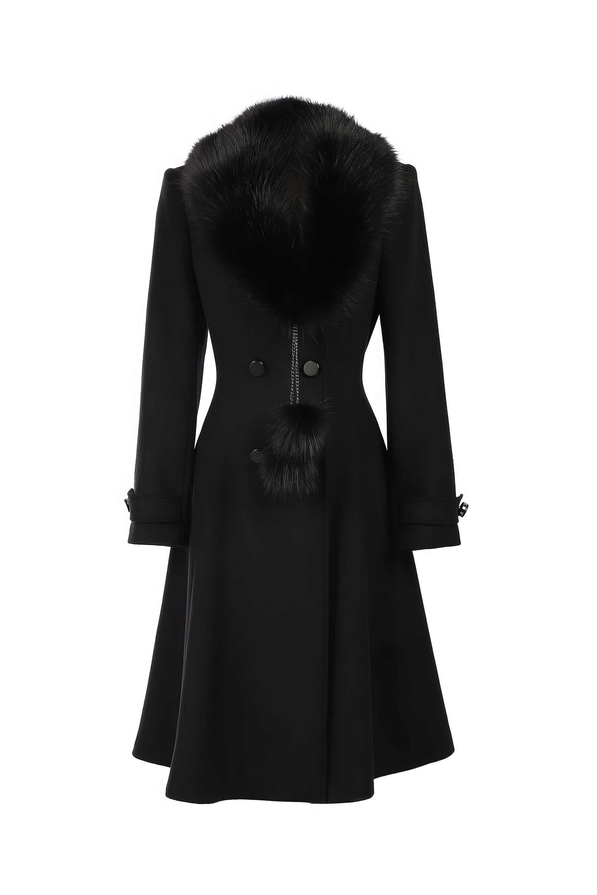 Lucy Wool Coat with Fur Collar in Black showcasing a tailored fit and luxurious fur trim for elegant winter wear