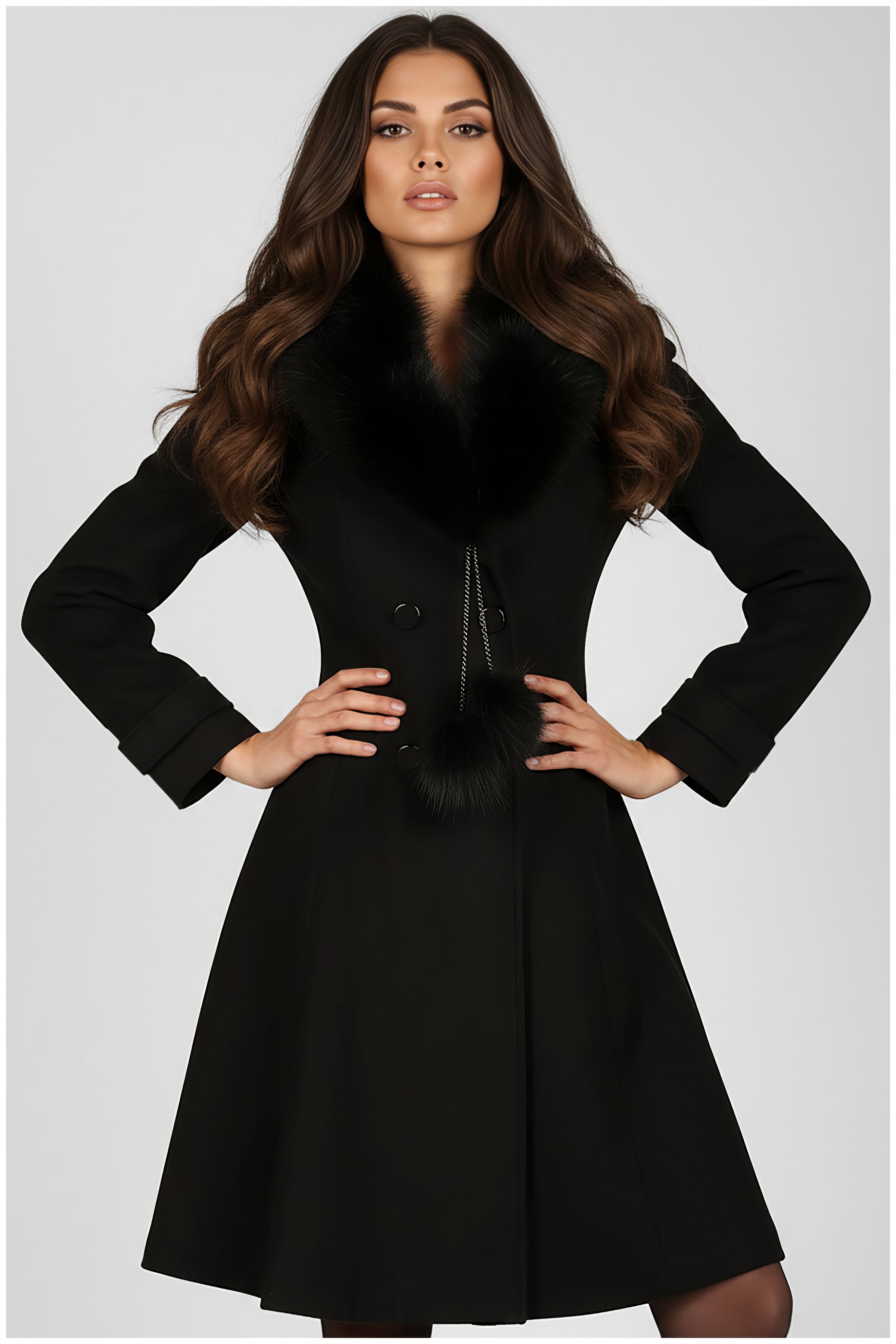 Woman wearing Lucy Wool Coat with Fur Collar in Black with elegant tailored fit and plush fur detailing
