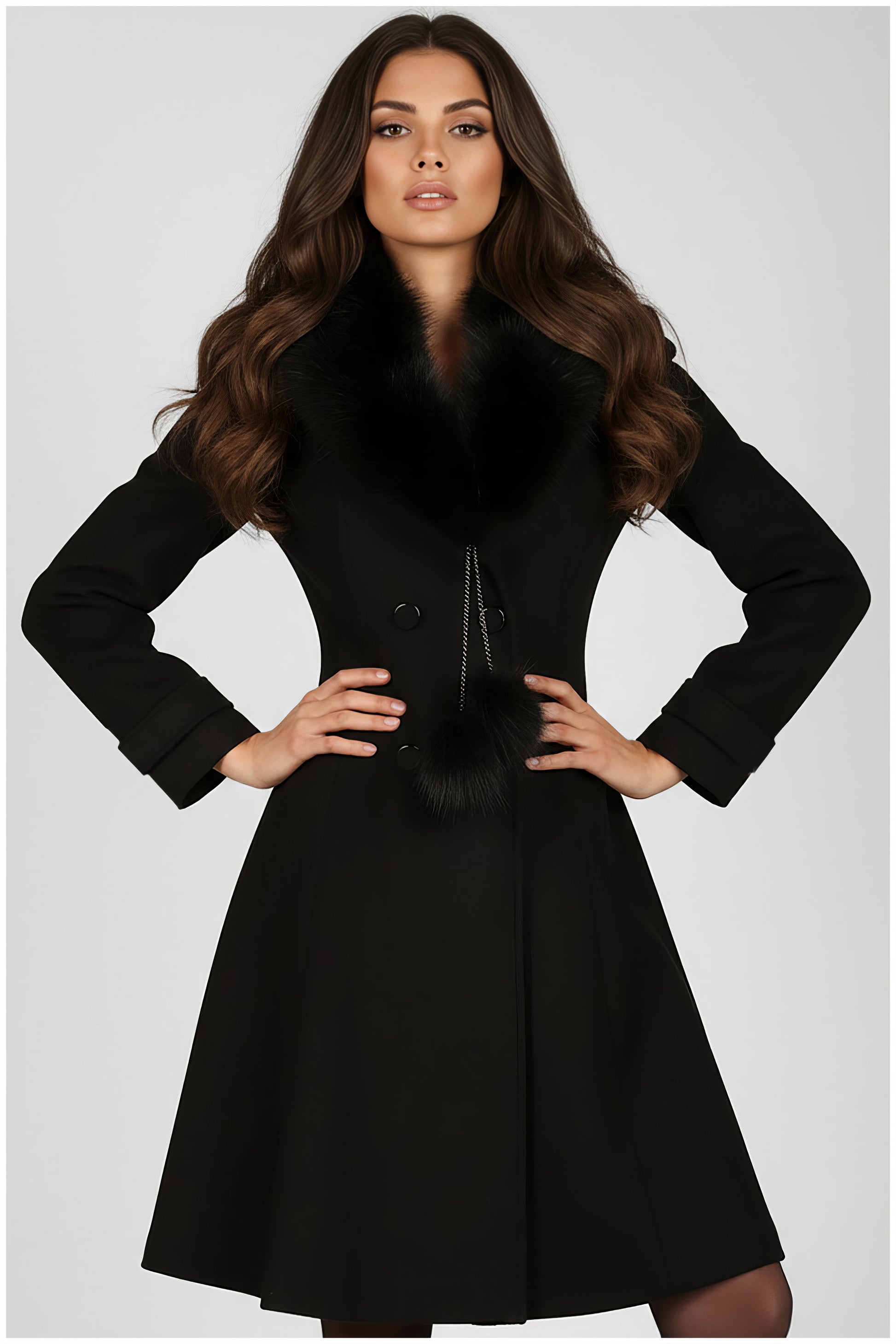 Woman wearing Lucy Wool Coat with Fur Collar in Black with elegant tailored fit and plush fur detailing