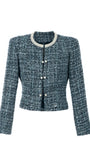 Rhea Tweed Blazer with Pearl Trim in Turquoise Black featuring cropped silhouette and textured plaid fabric with pearl accents.
