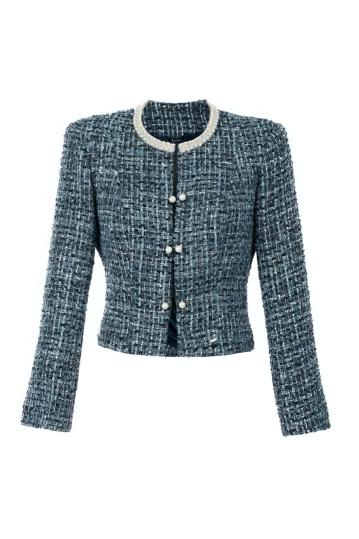 Rhea Tweed Blazer with Pearl Trim in Turquoise Black featuring cropped silhouette and textured plaid fabric with pearl accents.