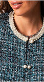 Close-up of Rhea Tweed Blazer with Pearl Trim in Turquoise Black showing textured fabric and elegant pearl accents on collar and buttons