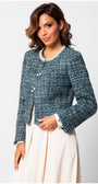 Woman wearing Rhea Tweed Blazer with Pearl Trim in Turquoise Black, featuring a textured plaid woven fabric and pearl accents