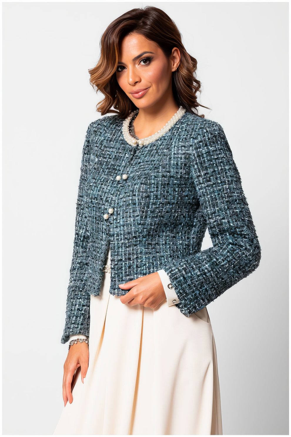 Rhea Jacquard Blazer with Pearl Details in Ivory | Cropped Ivory Jacquard Blazer with Pearl Neckline for Mother of the Bride | Luna Fashion House