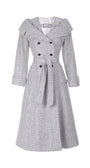 Nicole Wool Wrap Coat in Herringbone Gray with a belted waist and double-breasted front in a classic warm wool blend