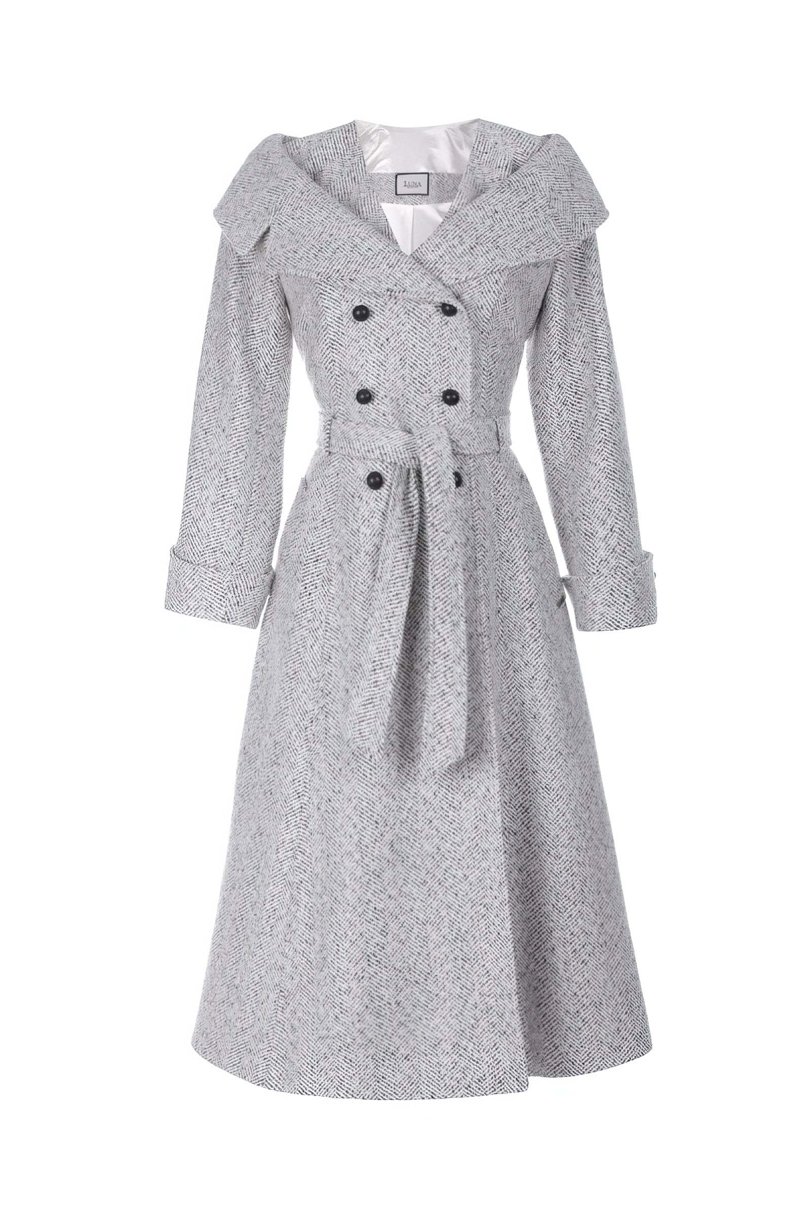 Nicole Wool Wrap Coat in Herringbone Gray with a belted waist and double-breasted front in a classic warm wool blend