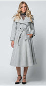 Woman wearing Nicole Wool Wrap Coat in Herringbone Gray with belted waist and double-breasted front details.