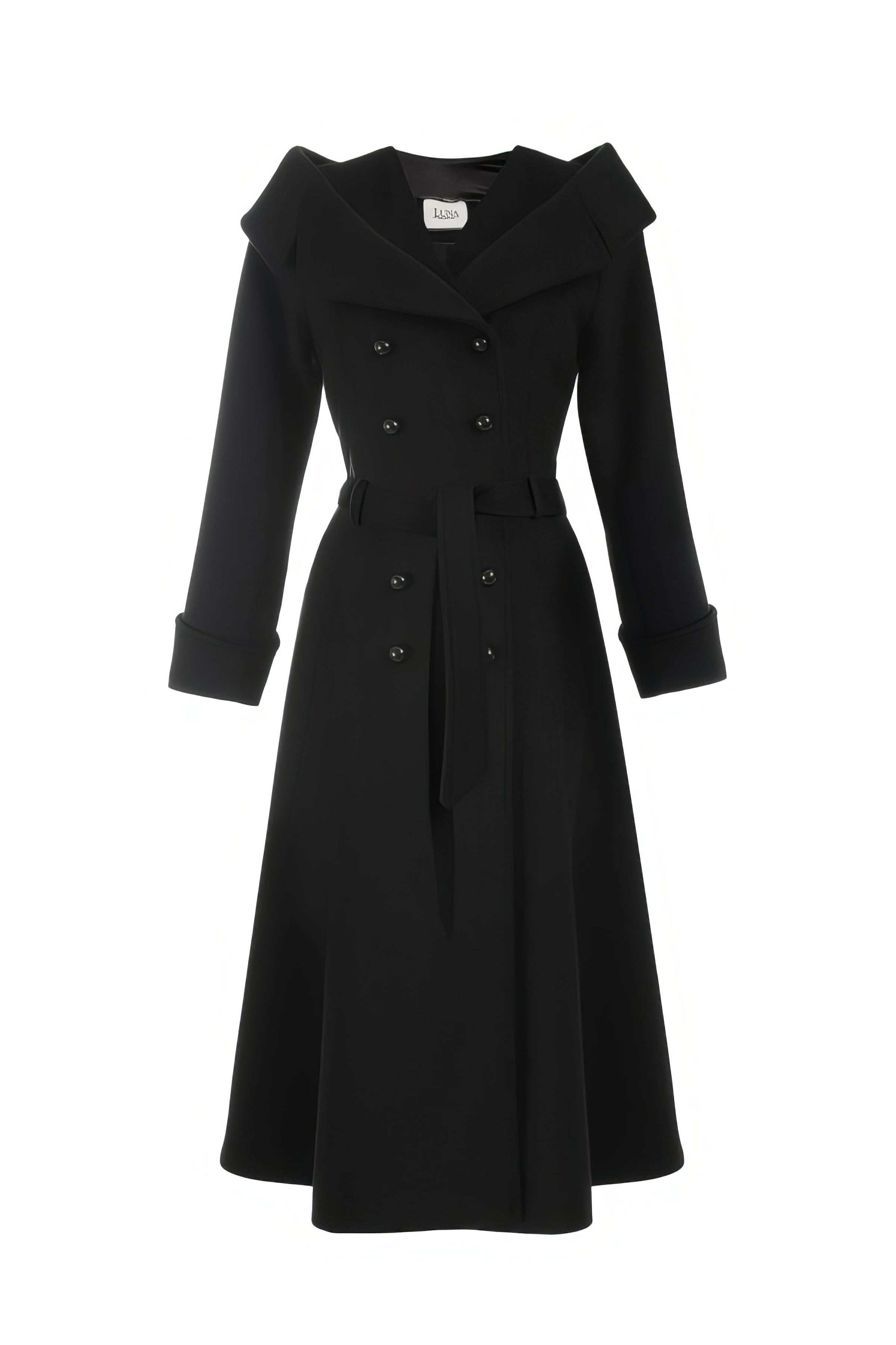 Nicole Wool Wrap Coat in Solid Black with double-breasted buttons and belt, elegant tailored mid-length design.