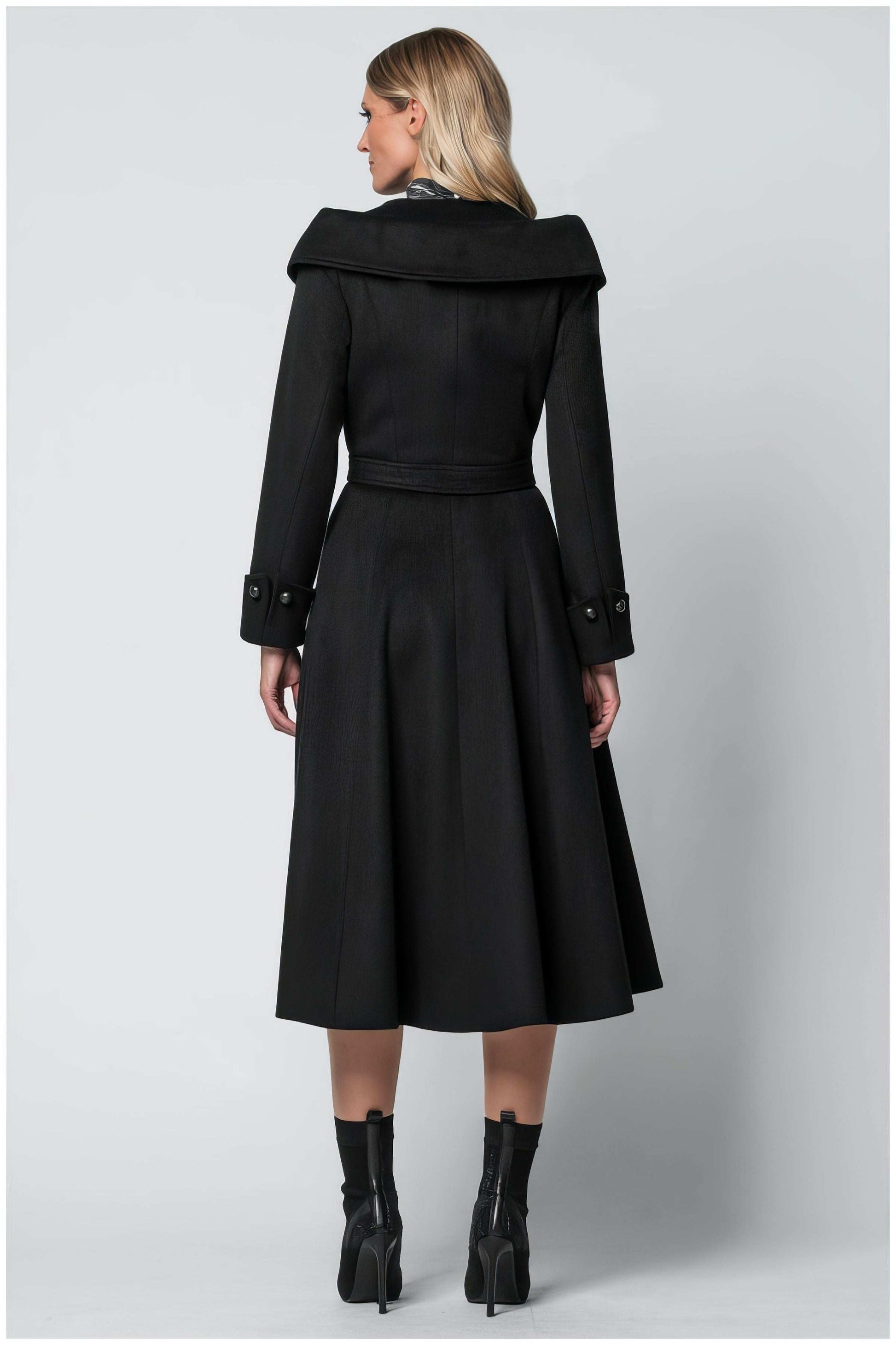 Back view of woman wearing Nicole Wool Wrap Coat in Solid Black with wide collar and belt detail