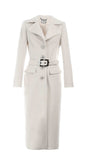 Linea Belted Midi Coat in Ivory with tailored fit, statement belt, and elegant midi length for sophisticated style.