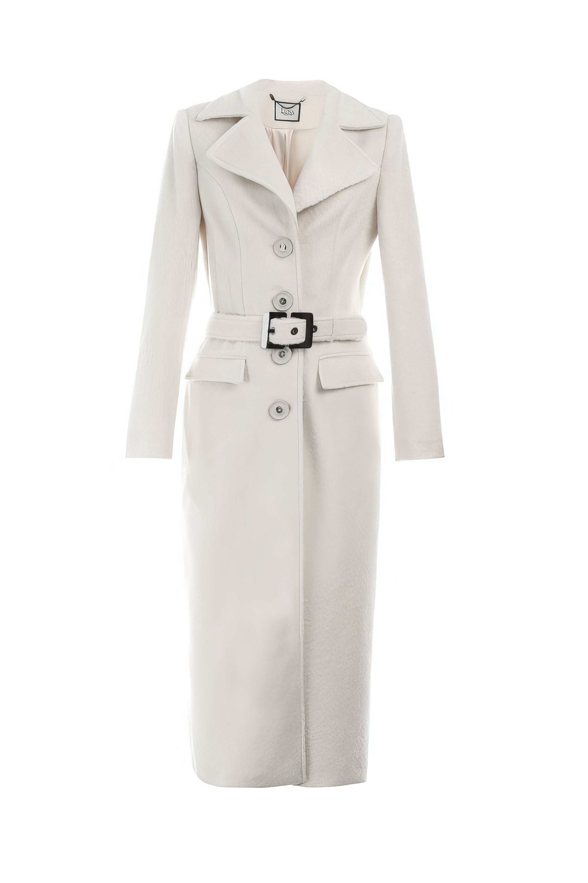 Linea Belted Midi Coat in Ivory with tailored fit, statement belt, and elegant midi length for sophisticated style.