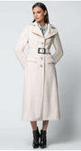 Woman wearing Linea Belted Midi Coat in Ivory with a structured silhouette and statement belt standing against a neutral background