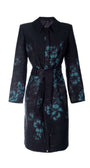 Emma Light Coat with Teal Floral Jacquard featuring a black base with elegant teal floral patterns and a belted waist design