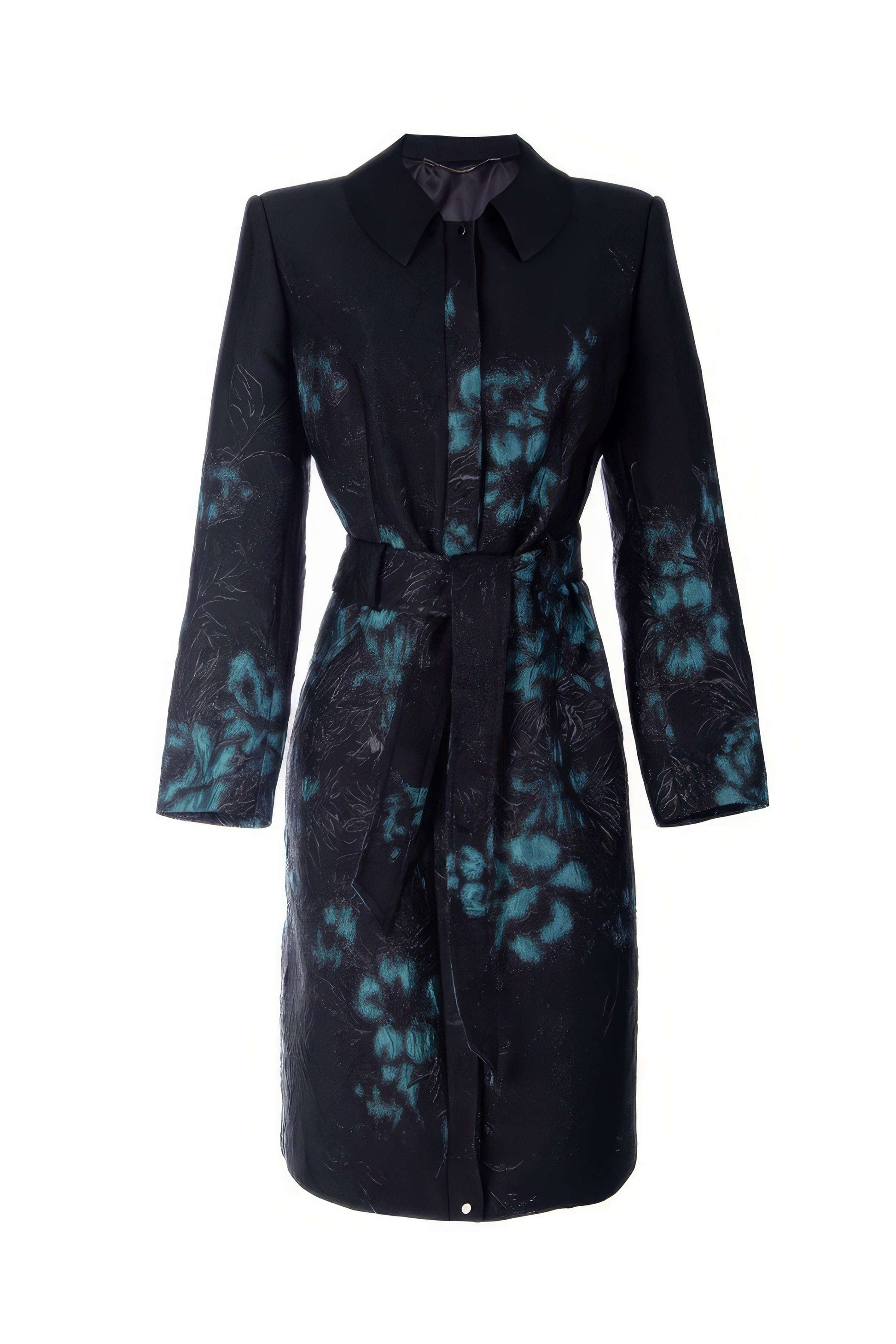 Emma Light Coat with Teal Floral Jacquard featuring a black base with elegant teal floral patterns and a belted waist design