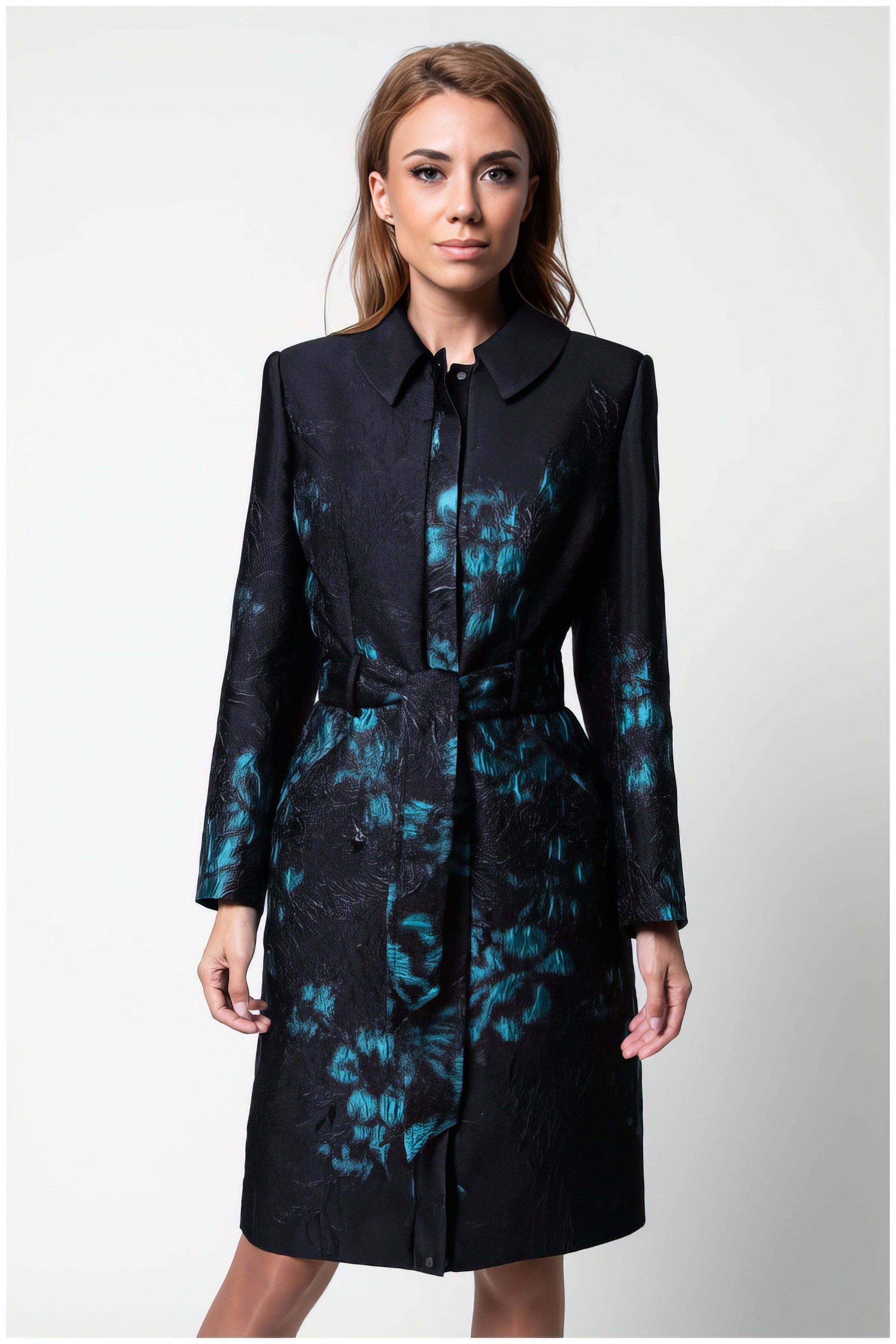 Emma Light Coat with Teal Floral Jacquard featuring a tailored fit and elegant teal floral patterns on black jacquard fabric