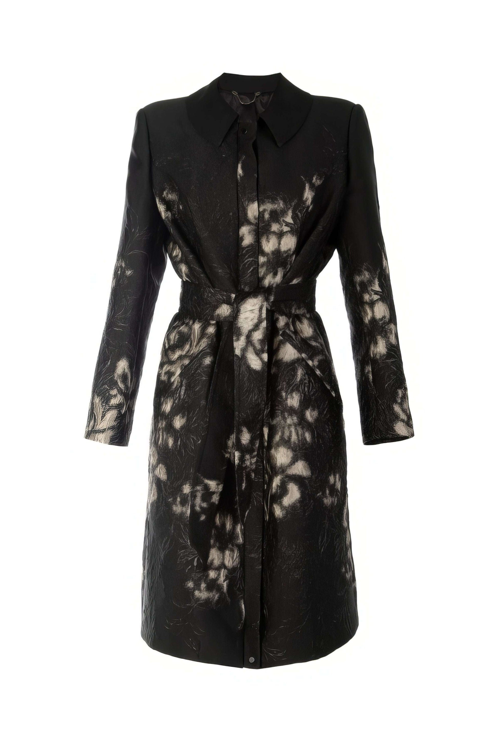 Emma Light Coat with Silver Floral Jacquard featuring sculpted tailoring and subtle metallic floral patterns on deep black fabric