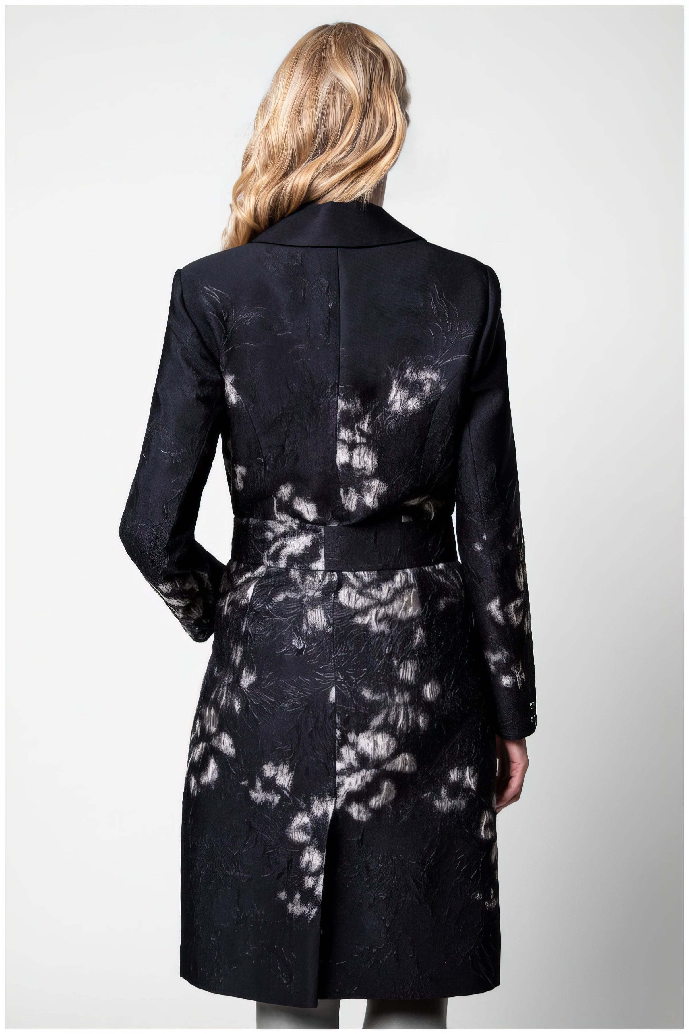Back view of Emma Light Coat with Silver Floral Jacquard showcasing sculpted tailoring and metallic floral design on black base