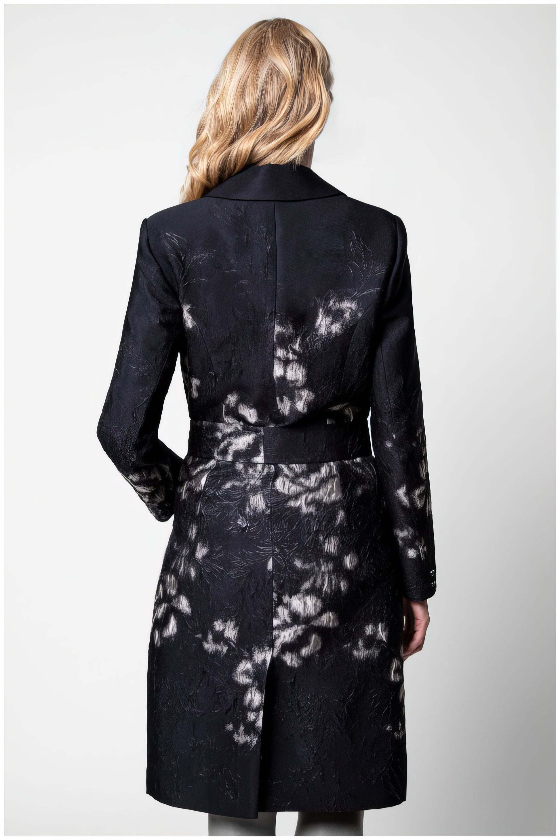 Back view of Emma Light Coat with Silver Floral Jacquard showcasing sculpted tailoring and metallic floral design on black base