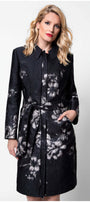 Woman wearing Emma Light Coat with Silver Floral Jacquard featuring sculpted tailoring and subtle metallic sheen on black base