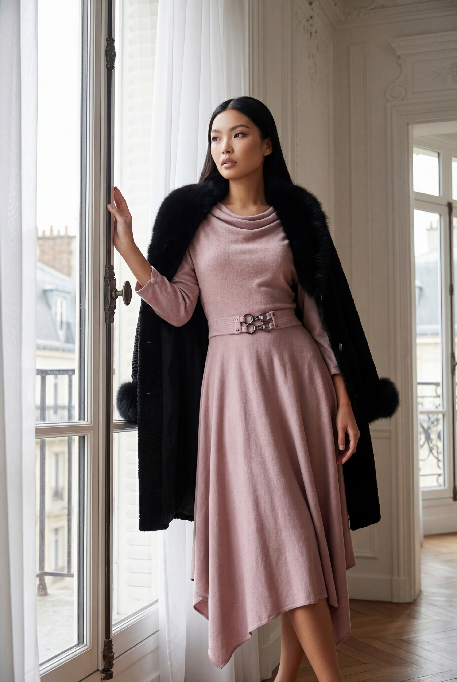 Woman in a pink dress with a black coat standing in a room with large windows.