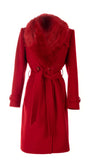 Red mid-length Selina Wool Coat with Faux Fur Collar featuring a belted waist and tailored silhouette.