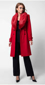 Woman wearing Selina Wool Coat with Faux Fur Collar in red, styled with black trousers and heels against white background