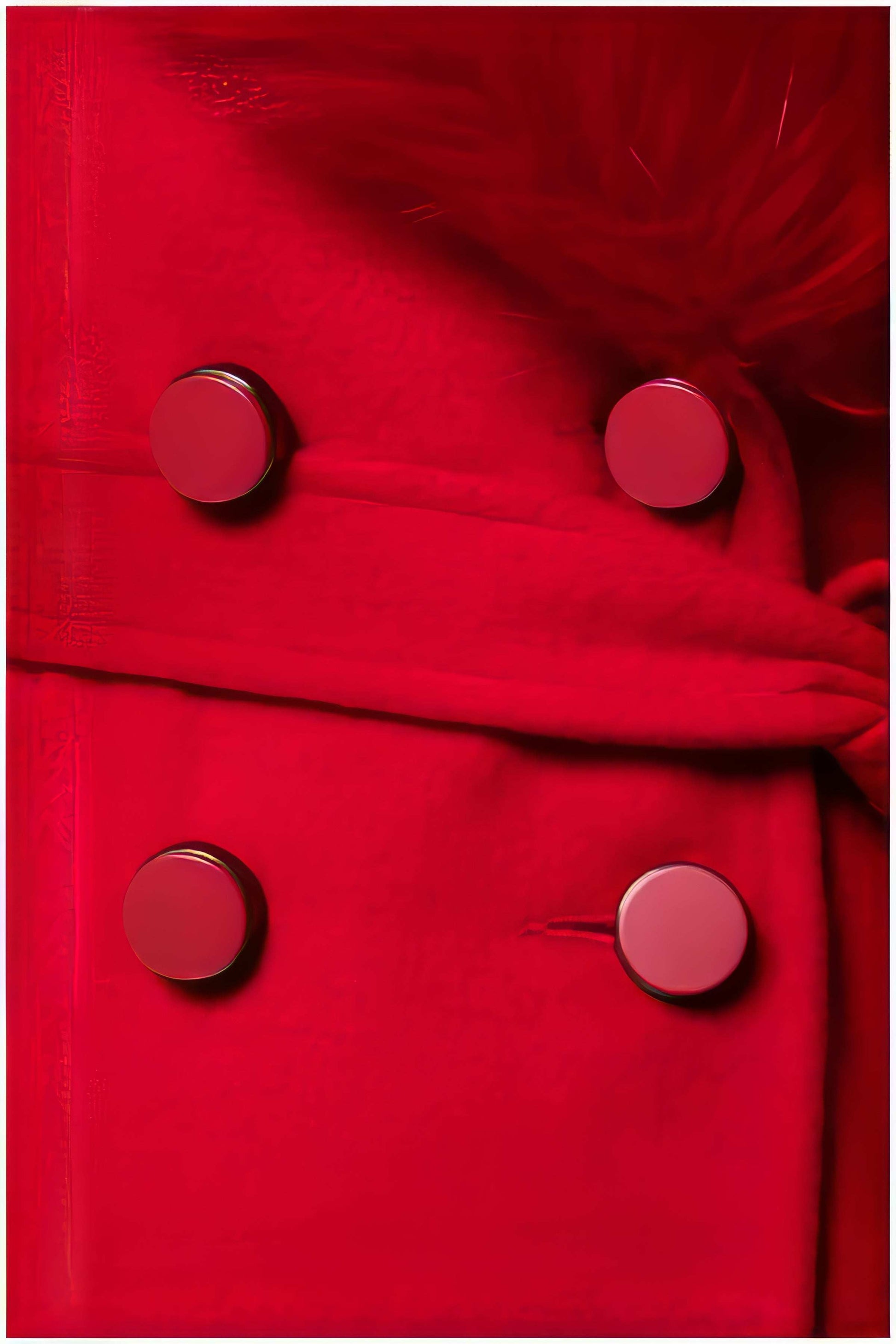 Close-up of red Selina Wool Coat with Faux Fur Collar showing double-breasted buttons and tailored fabric texture.