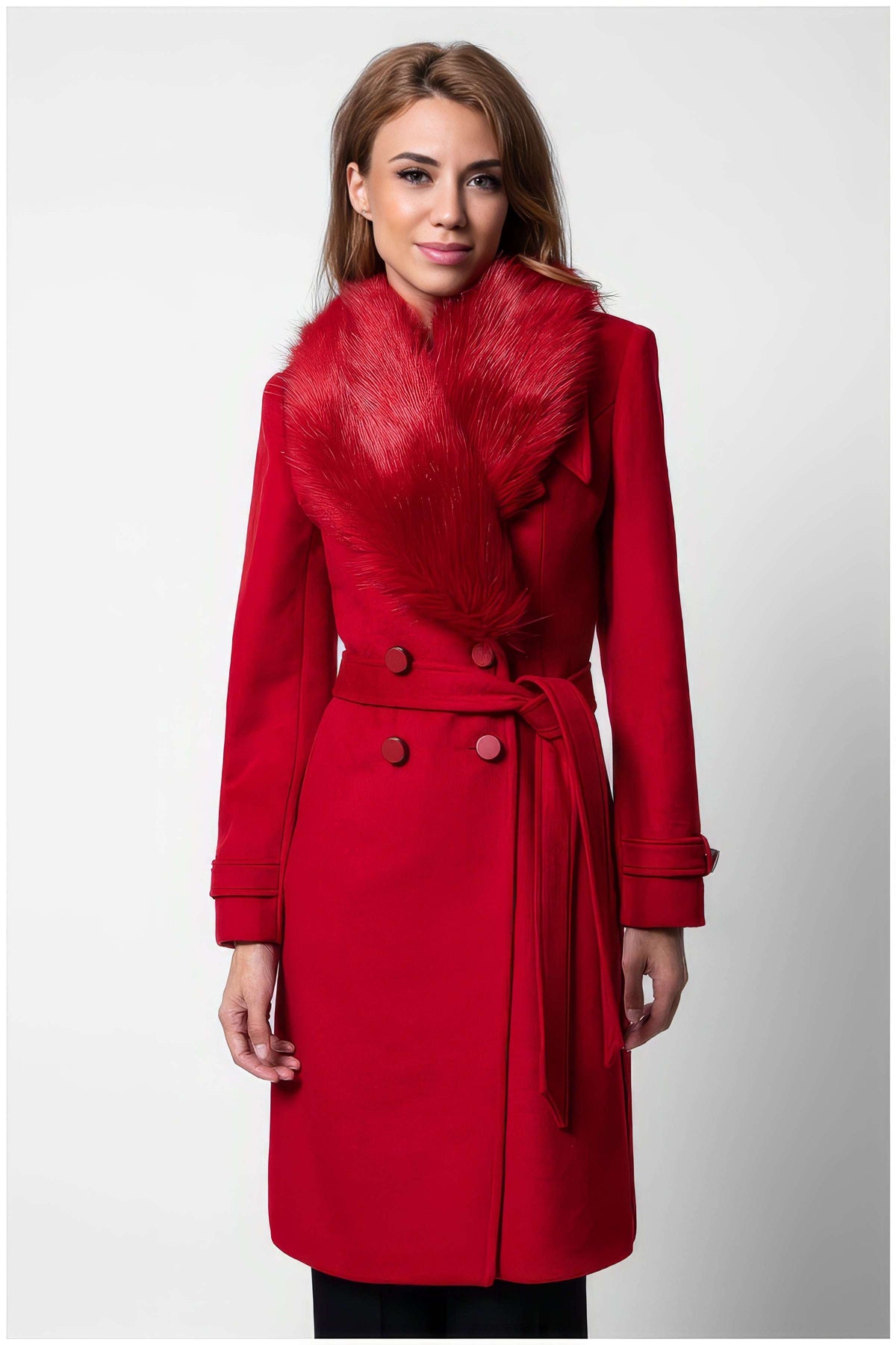 Red Wool Coat with Faux-Fur Collar, Selina. Wool coat. Red faux fur shawl collar, double-breasted, tie belt, on model.