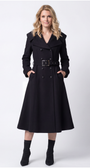 Woman wearing a black coat with a belt on a white background