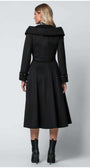 Back view of woman wearing Nicole Wool Wrap Coat in Solid Black with wide collar and belt detail