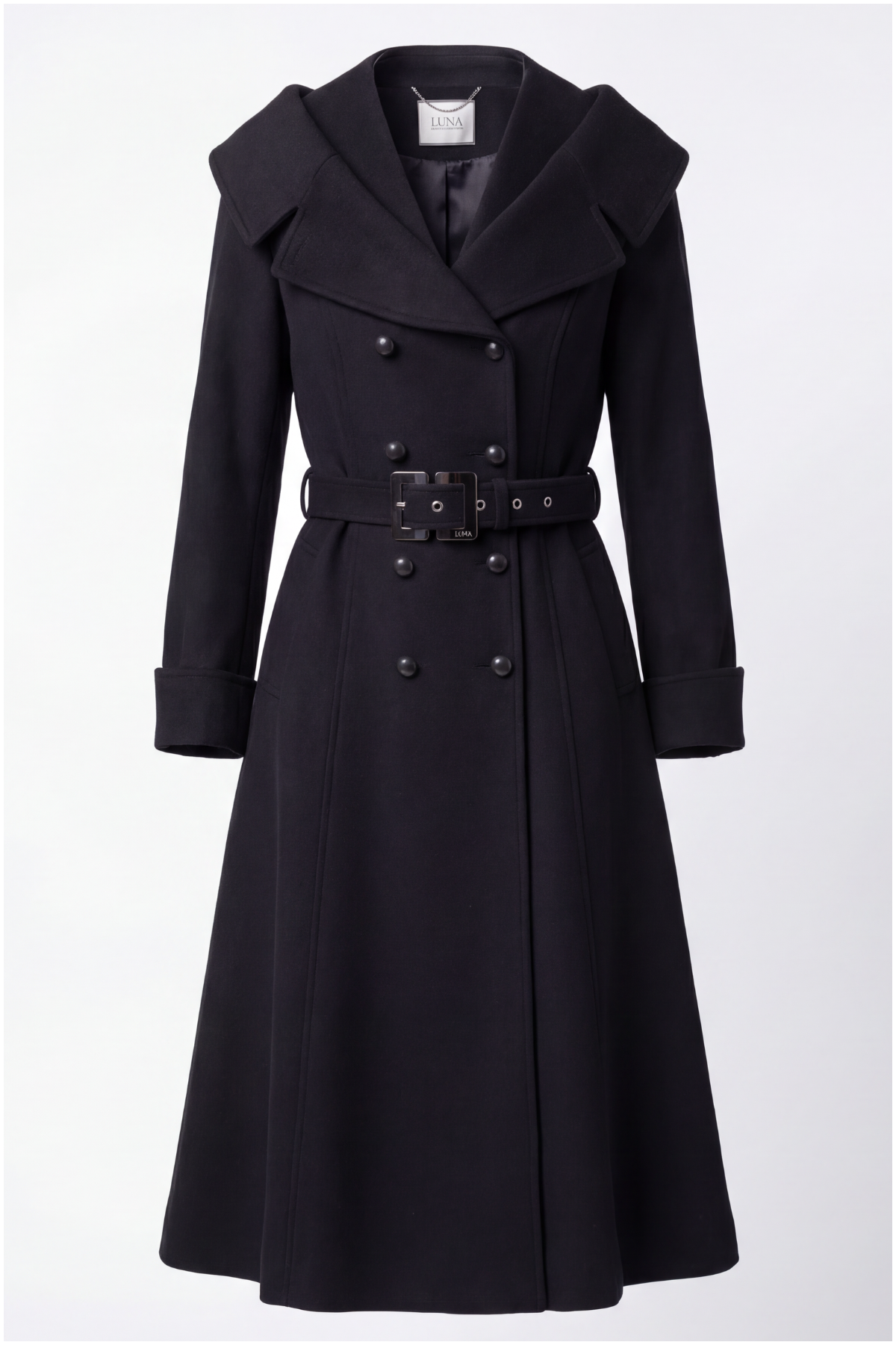 Black coat with a belt on a white background