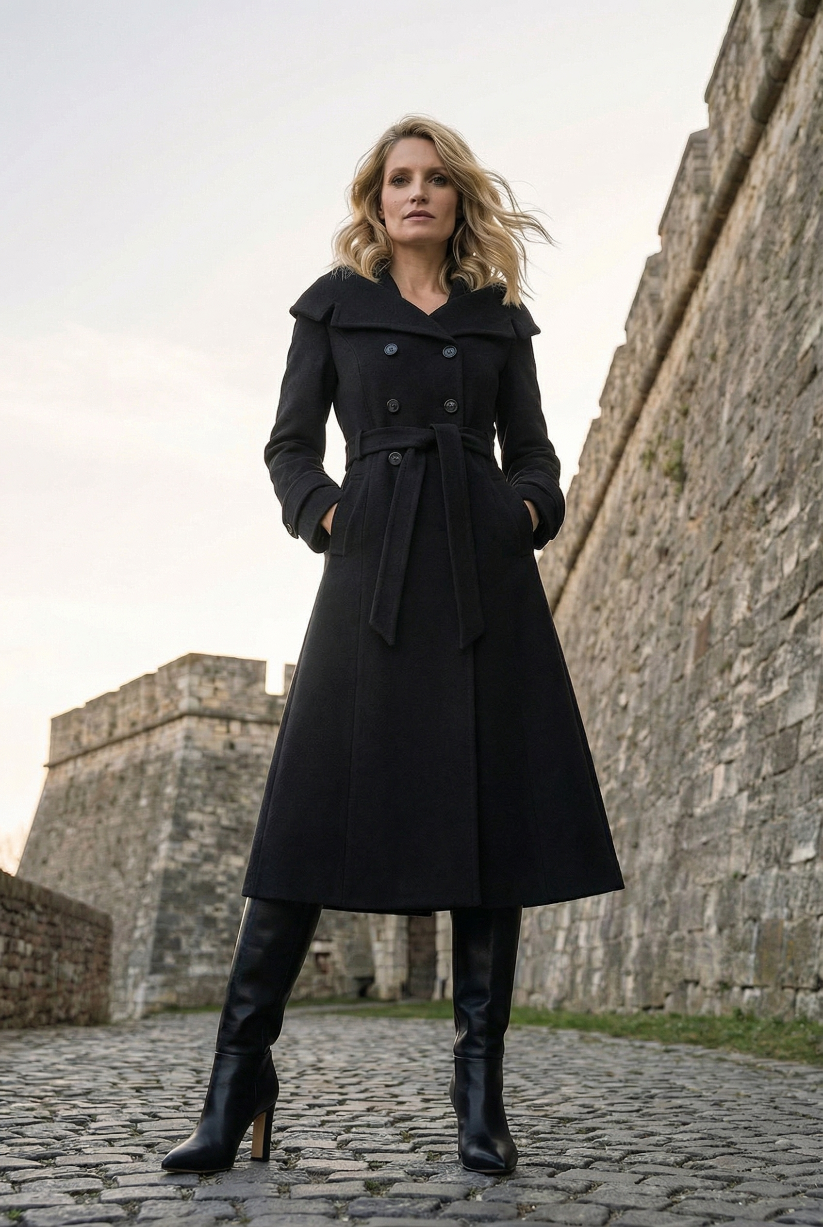 Woman wearing a black coat standing in front of stone walls.