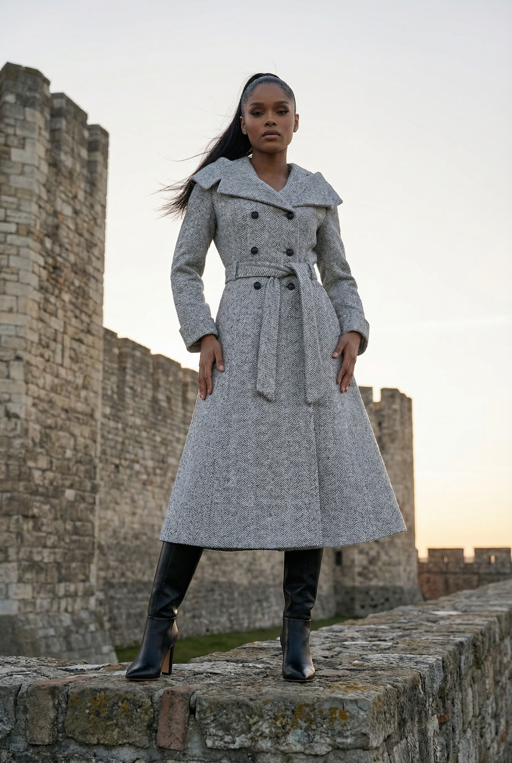 Women wearing gray herringbone ultra feminine coat, 1950s style, wool
