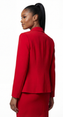 Woman wearing a red suit on a white background