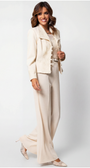 Woman wearing a cream-colored outfit with a jacket and pants on a white background