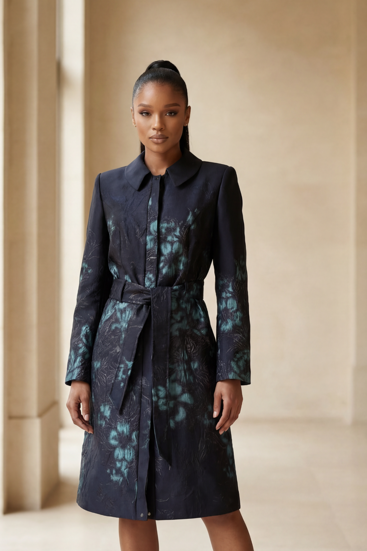 Emma Light Coat with Teal Floral Jacquard
