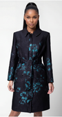 Woman wearing a black coat with blue floral patterns on a white background