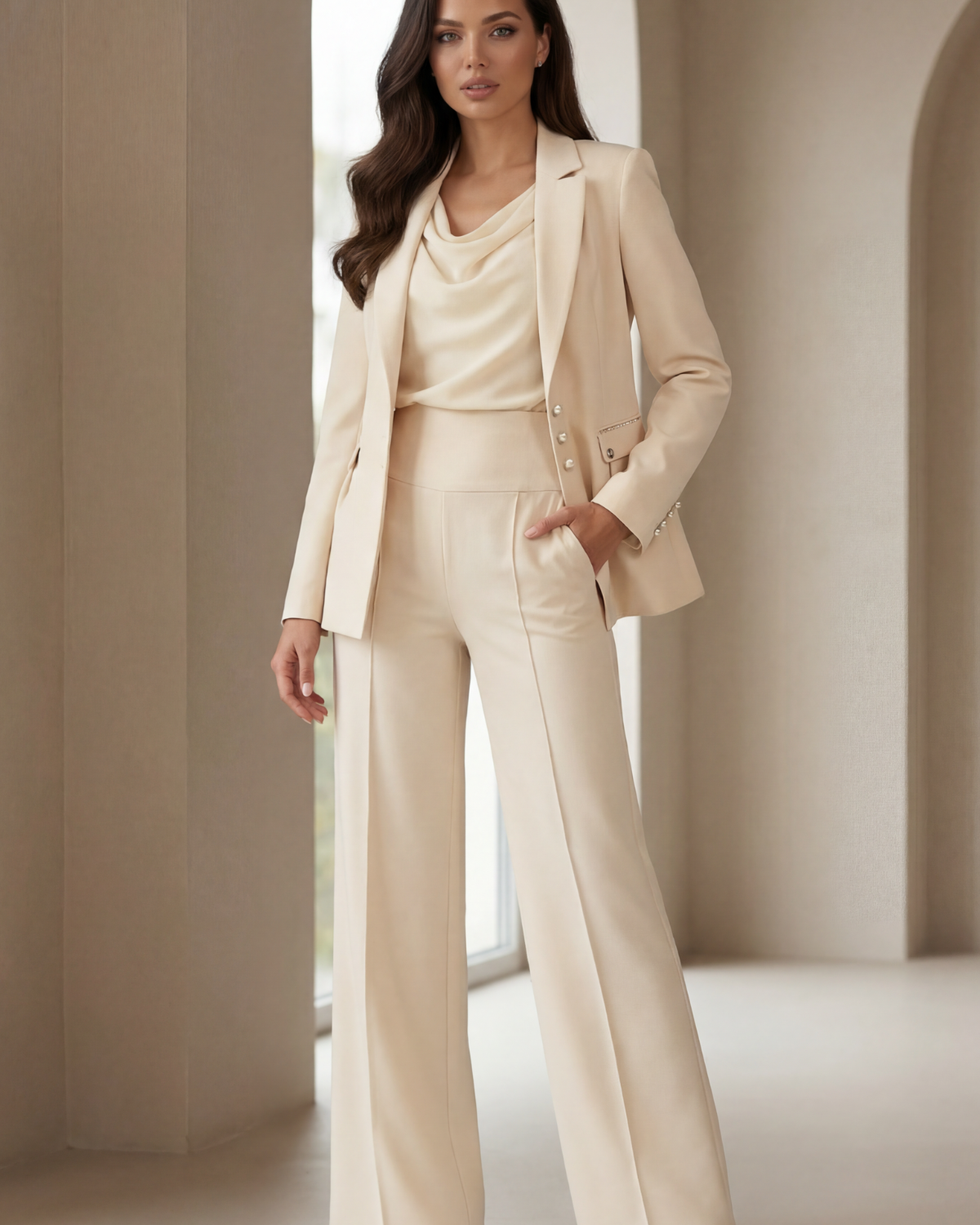 Woman wearing a beige suit standing in a softly lit room.