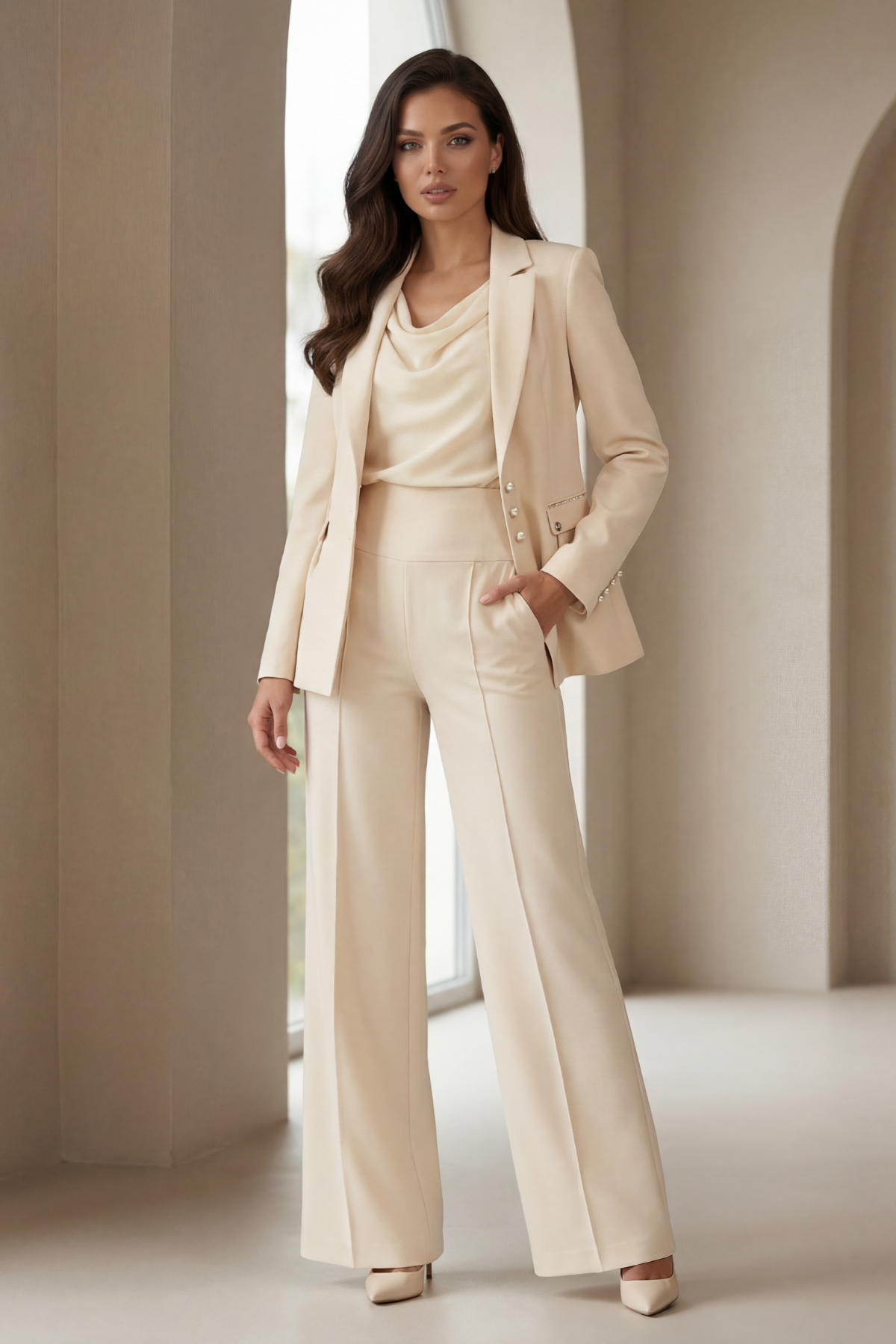Woman wearing a beige suit standing in a softly lit room.