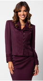 Burgundy Tailored Lace Blazer, Jody. Front view on the model with the matching lace skirt.
