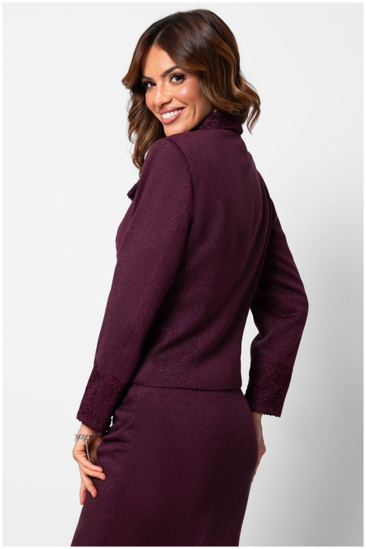 Burgundy Tailored Lace Blazer, Jody. Back view on the model.