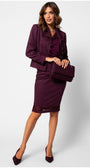 Burgundy Tailored Lace Blazer, Jody. Worn with the matching skirt and a burgundy clutch, full length.