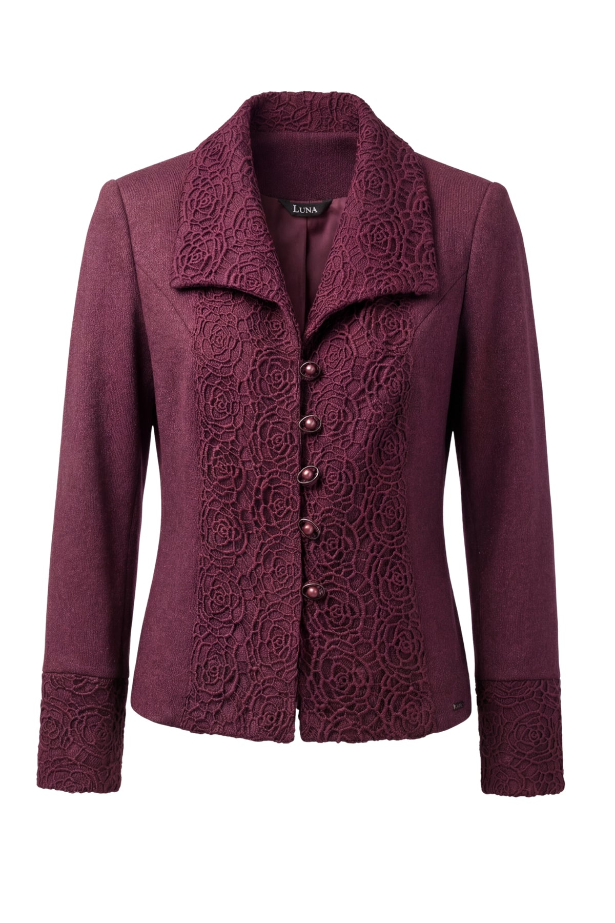 Burgundy Tailored Lace Blazer, Jody. Photographed on its own, front.