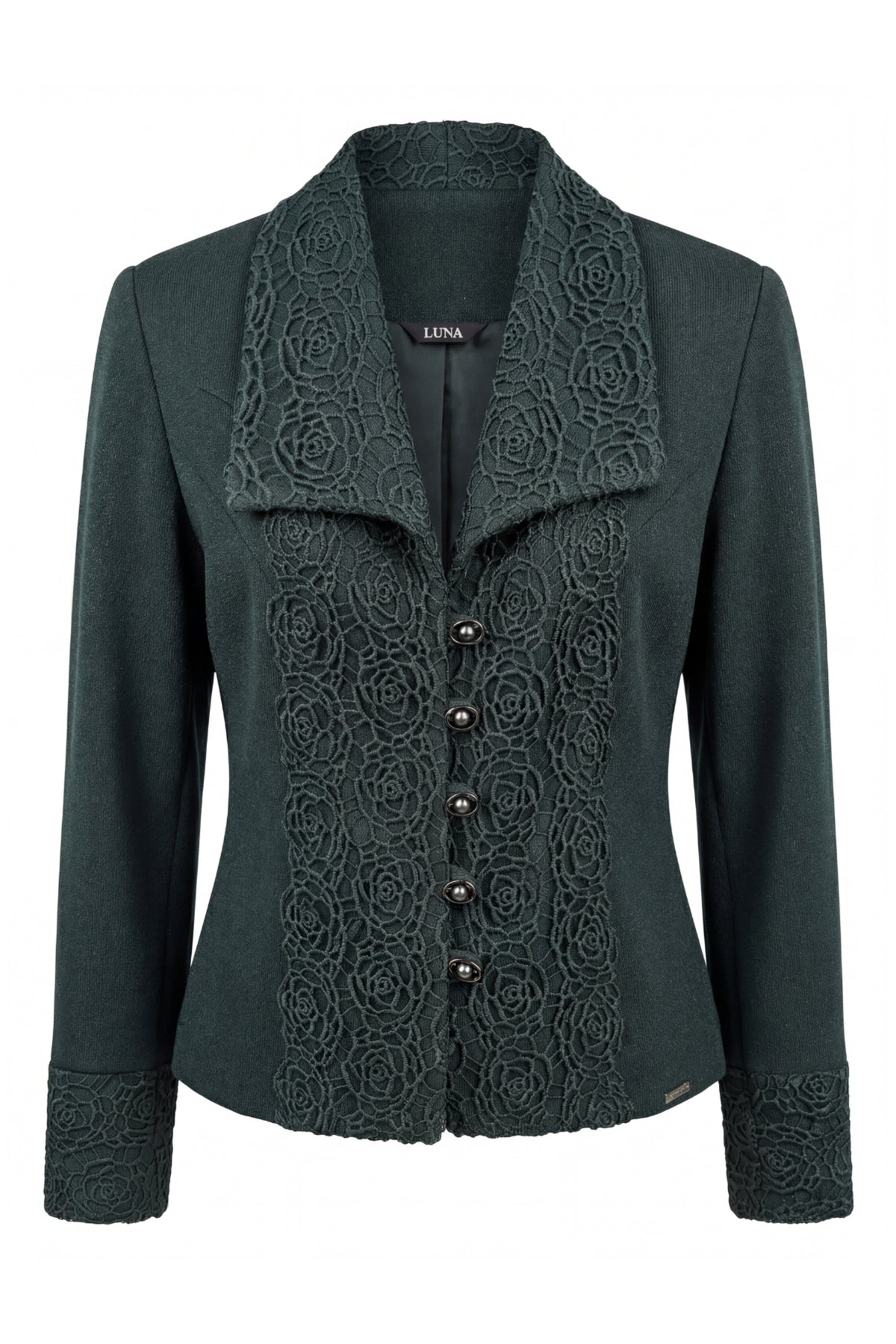 Green Tailored Lace Blazer, Jody. Photographed on its own, front.