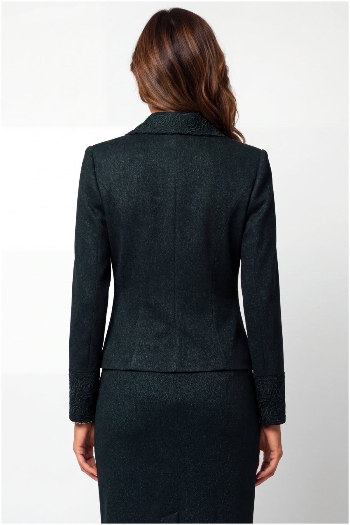Green Tailored Lace Blazer, Jody. Side view on the model.