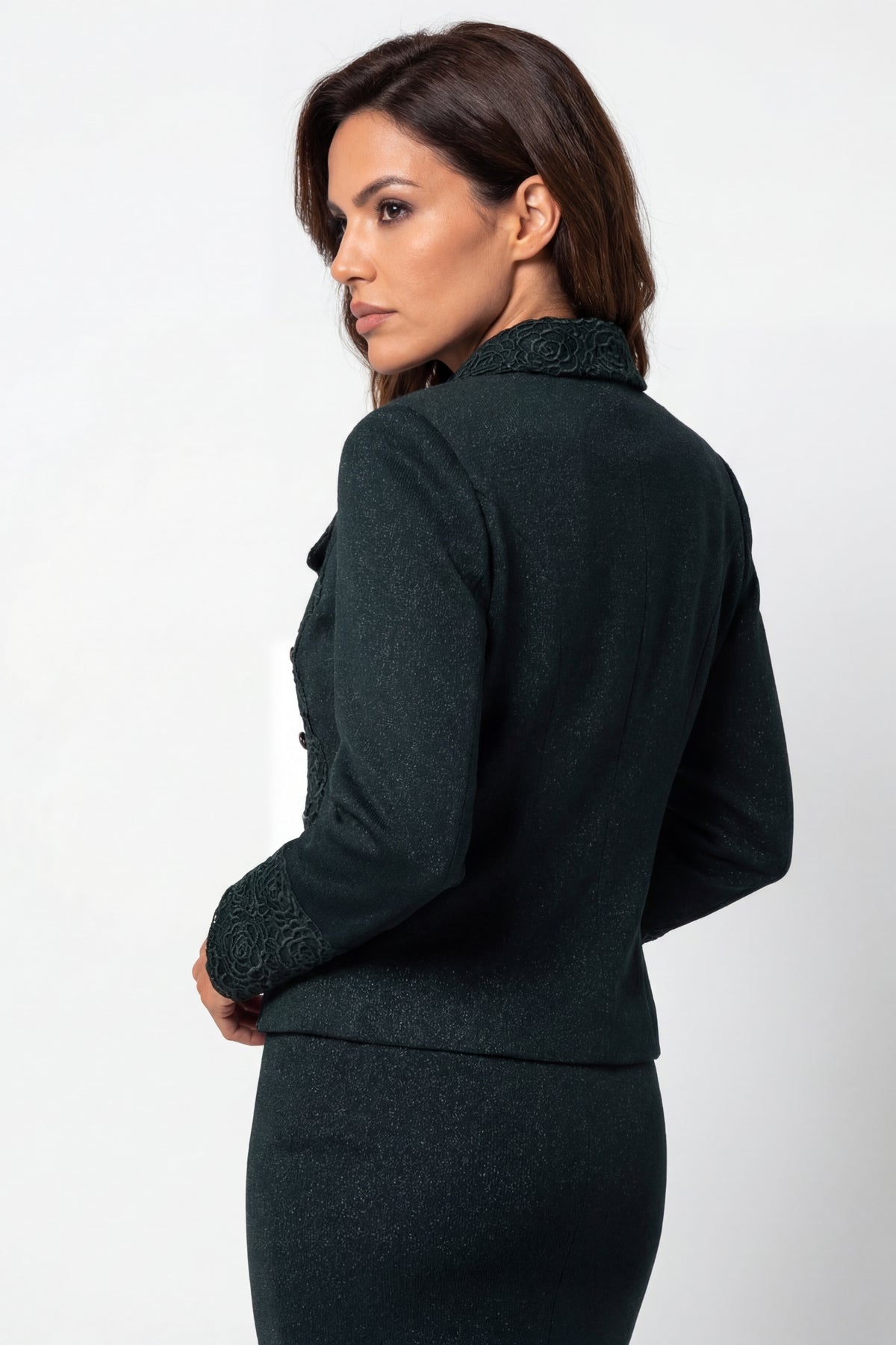 Green Tailored Lace Blazer, Jody. Back view on the model.