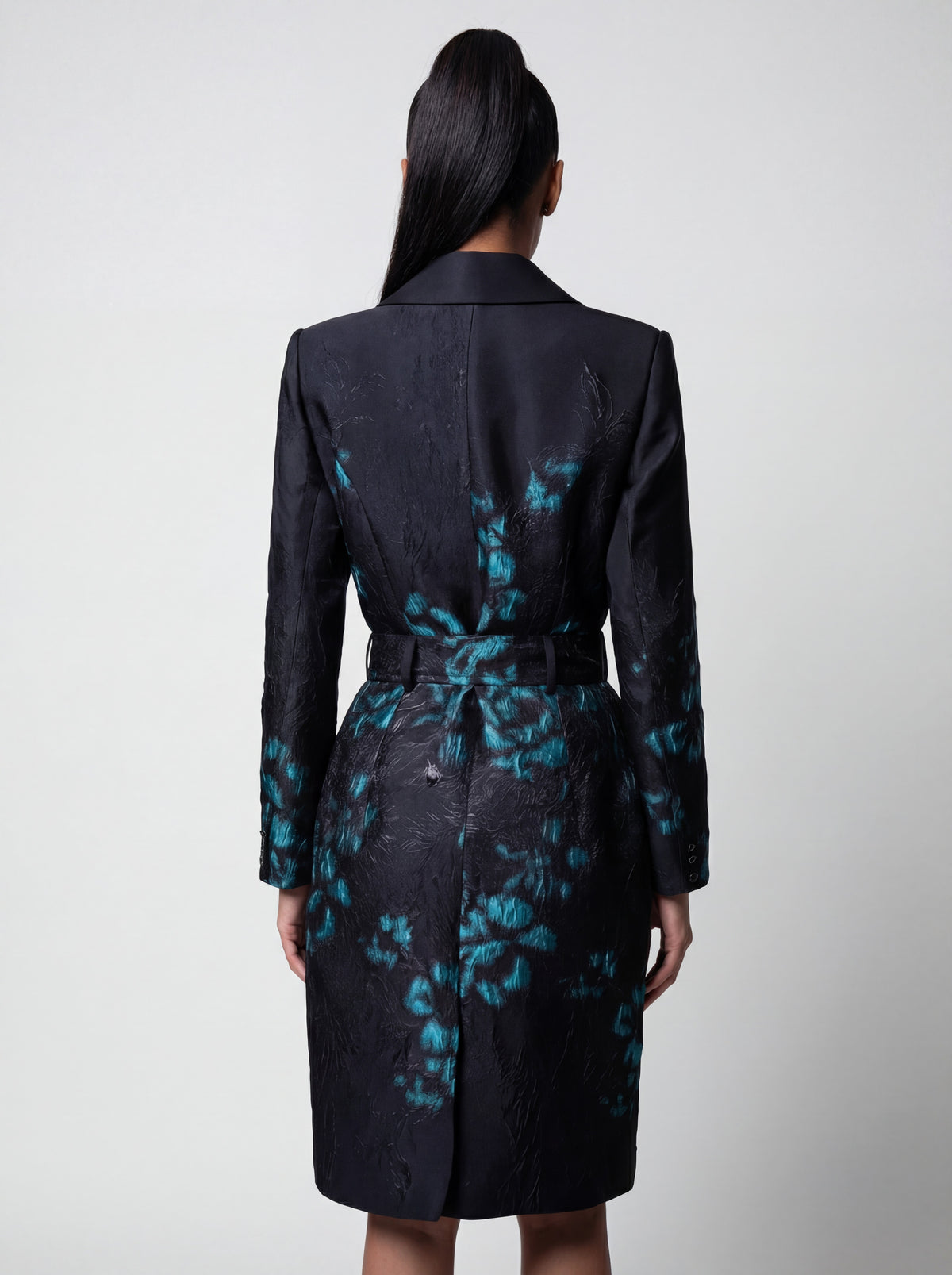 Teal Floral Jacquard Light Coat, Emma. Light coat. Jacquard detail.