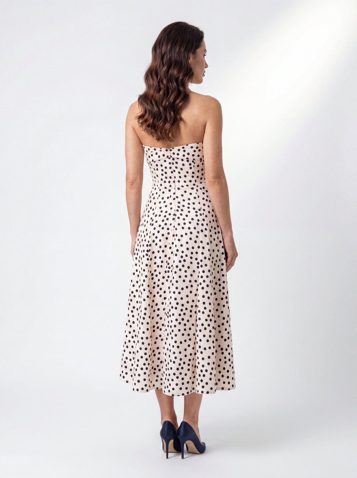 White Polka Dot Strapless Dress, Melissa. Satin corset midi dress. Removable halter strap.