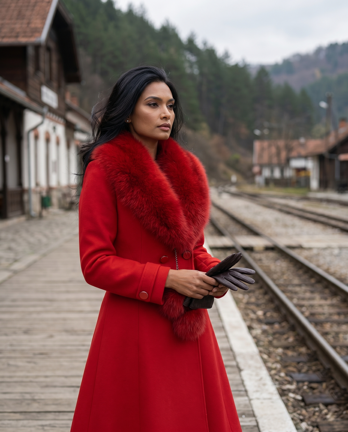 Red Wool Coat with Fur Collar, Lucy. Wool coat. Worn buttoned with the collar on, holding brown gloves on a railway platform.
